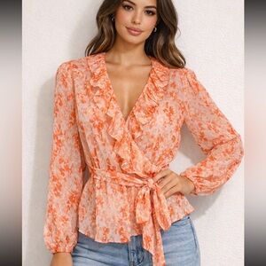 🧡 Bar III Coral Floral Ruffle Wrap Blouse/Tie Waist, Long Sleeve (Size M)